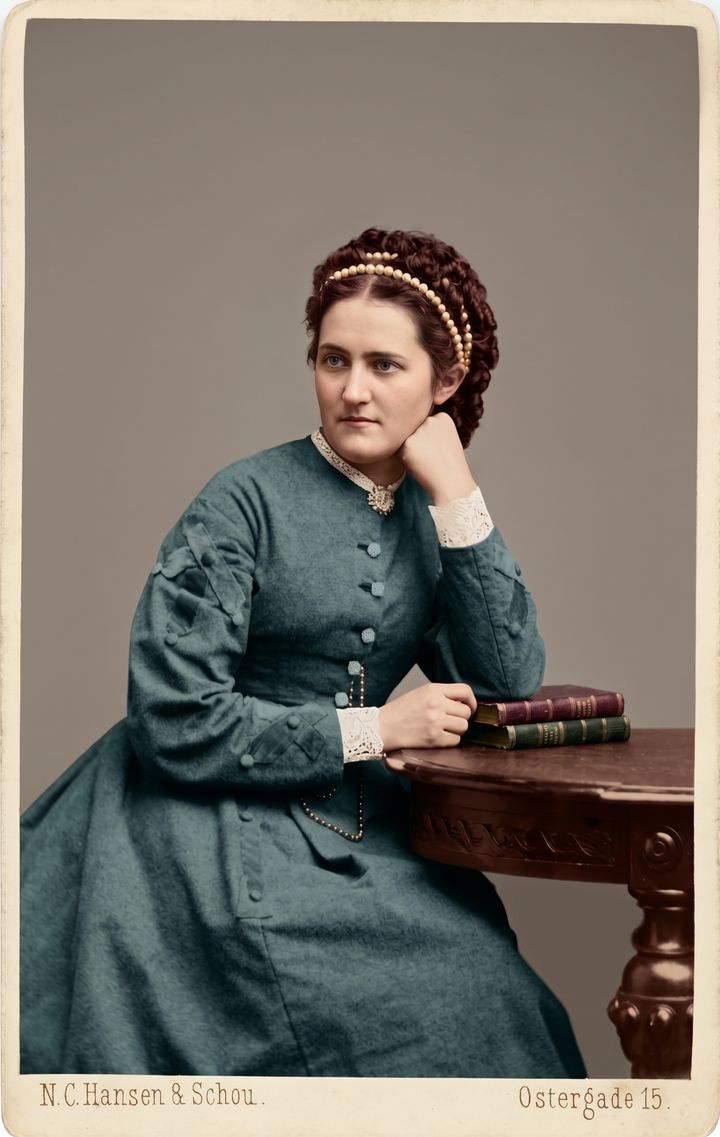 Enhanced faded sepia studio portrait of a woman from the 1870s